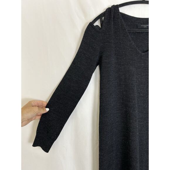 All Saints Neri V Neck Sweater Dress Sz SM Gray Wool Cold Shoulder Long Sleeve - Picture 2 of 7